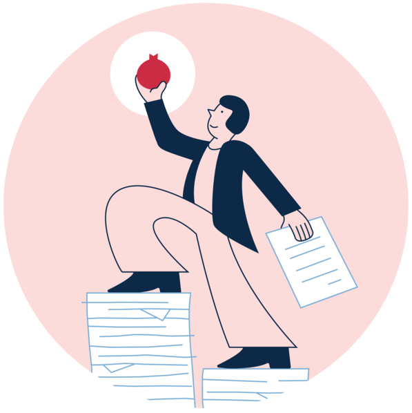Person over a stack of documents holding a pomegranate.